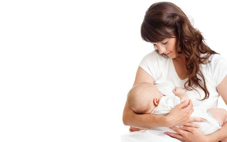 mom breastfeeding newborn with white background