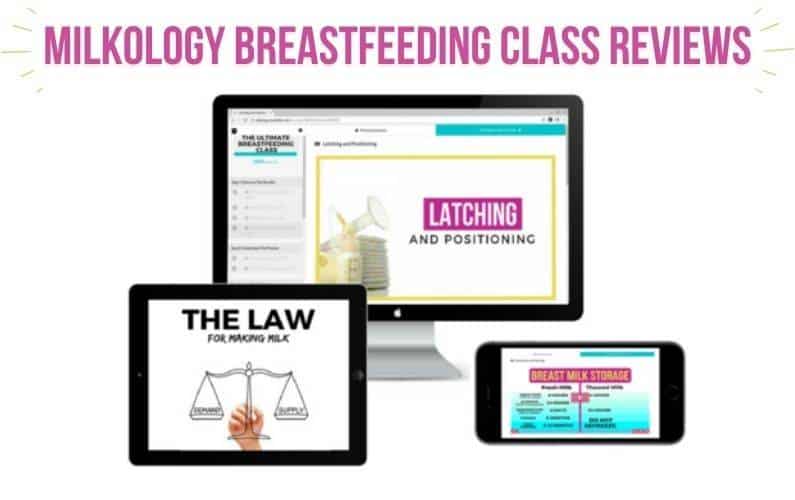 mock up of online breastfeeding class with purple text saying milkology breastfeeding class reviews