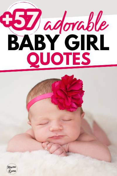 newborn baby girl laying on tummy with pink flower headband with text saying "adorable baby girl quotes"
